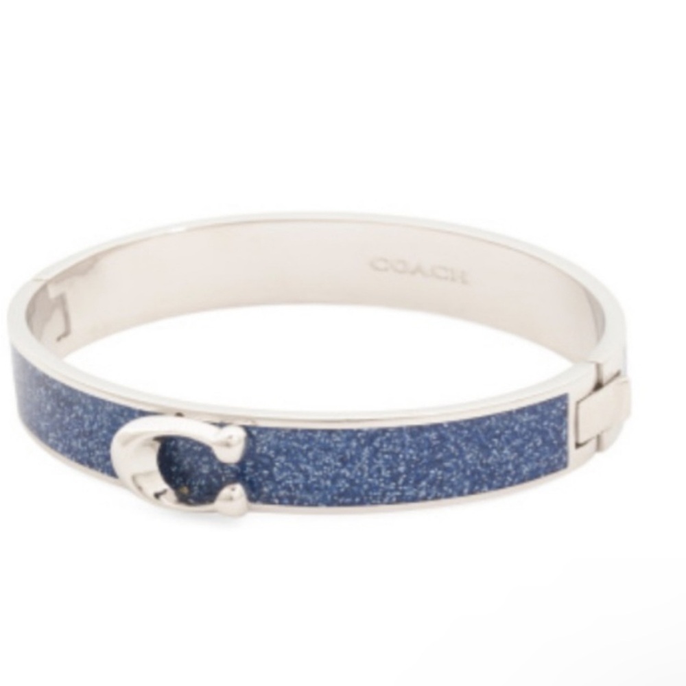 Coach Blue Glitter Enamel Hinged Logo Bangle Bracelet NWT Silver Tone